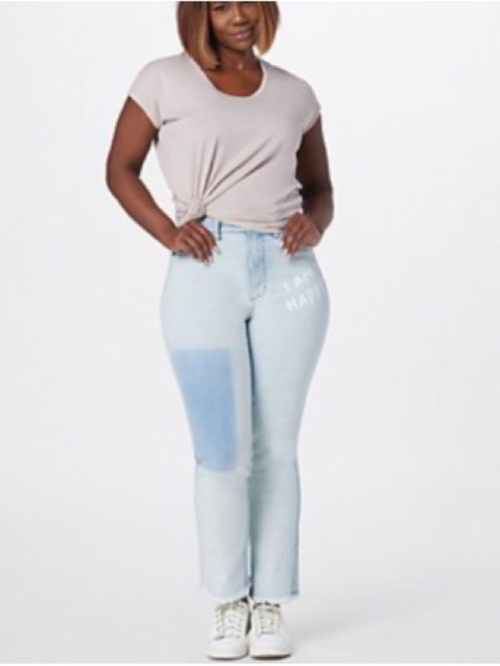 Peace Love World Light Blue Cropped Jeans with 'I AM HAPPY' Embroidery